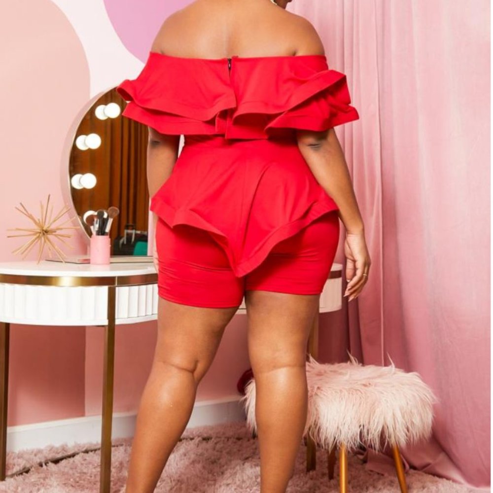 Off-Shoulder Red Ruffle Romper - Women - Picture 2 of 3